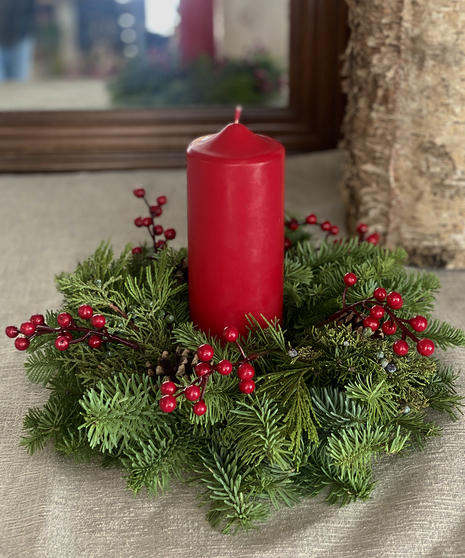 Pillar Candle and Fresh Evergreen